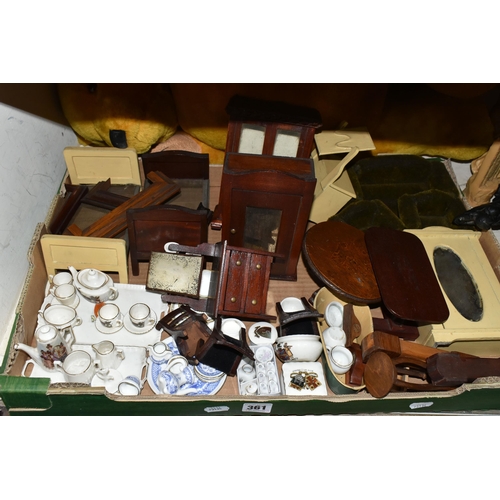 361 - A QUANTITY OF DOLLS HOUSE FURNITURE ETC, to include ceramic part tea sets, wooden furniture, fabric ... 