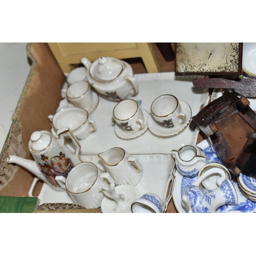 361 - A QUANTITY OF DOLLS HOUSE FURNITURE ETC, to include ceramic part tea sets, wooden furniture, fabric ... 