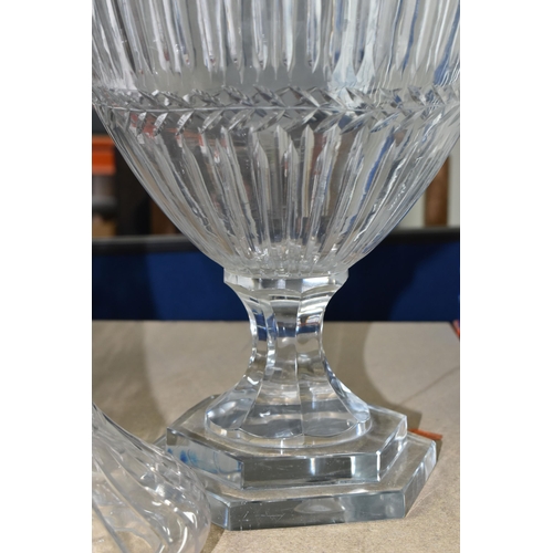 362 - A LARGE 20TH CENTURY GLASS PEDESTAL VASE AND COVER, with band of leaves and vertical band decoration... 