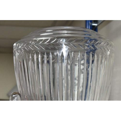 362 - A LARGE 20TH CENTURY GLASS PEDESTAL VASE AND COVER, with band of leaves and vertical band decoration... 