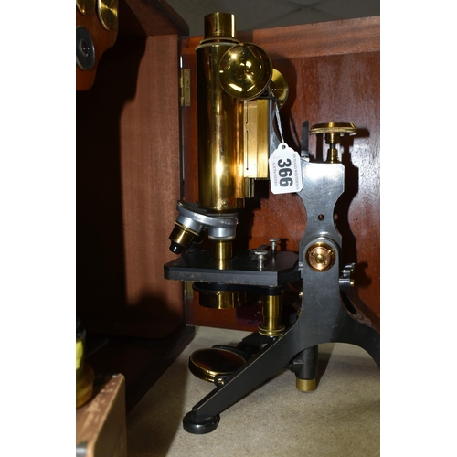 366 - A CASED W. WATSON & SONS LTD BRASS AND BLACK LACQUERED MICROSCOPE, serial no.11632, the case contain... 