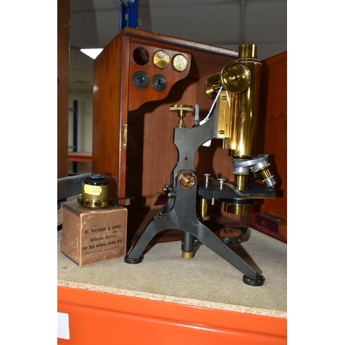 366 - A CASED W. WATSON & SONS LTD BRASS AND BLACK LACQUERED MICROSCOPE, serial no.11632, the case contain... 