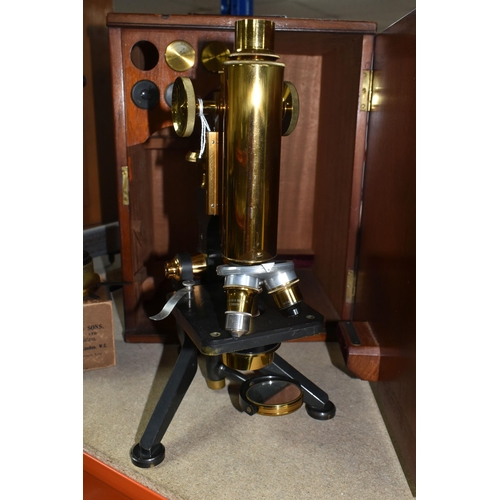 366 - A CASED W. WATSON & SONS LTD BRASS AND BLACK LACQUERED MICROSCOPE, serial no.11632, the case contain... 