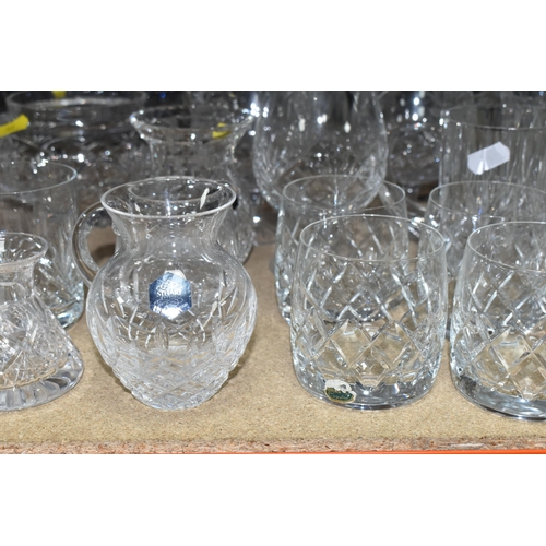 367 - A SET OF FIVE 'THE CUNARD STEAM SHIP COMPANY LIMITED' CUT GLASS WHISKY TUMBLERS AND A QUANTITY OF DR... 