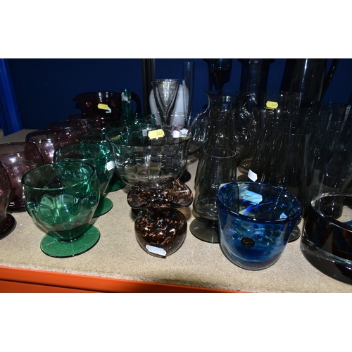 369 - A GROUP OF MID TO LATE 20TH CENTURY COLOURED GLASSWARE, including a Dartington Brutus vase, height 2... 