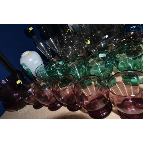 369 - A GROUP OF MID TO LATE 20TH CENTURY COLOURED GLASSWARE, including a Dartington Brutus vase, height 2... 