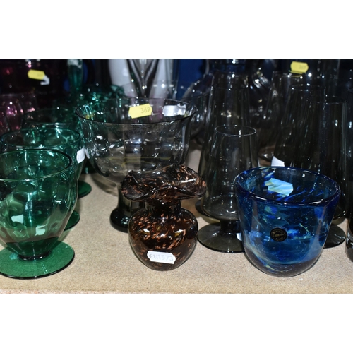 369 - A GROUP OF MID TO LATE 20TH CENTURY COLOURED GLASSWARE, including a Dartington Brutus vase, height 2... 