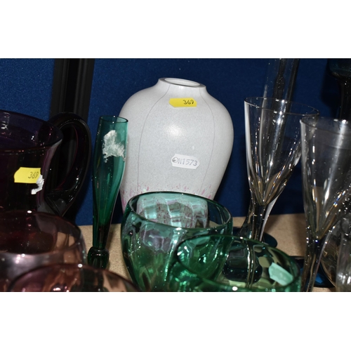 369 - A GROUP OF MID TO LATE 20TH CENTURY COLOURED GLASSWARE, including a Dartington Brutus vase, height 2... 