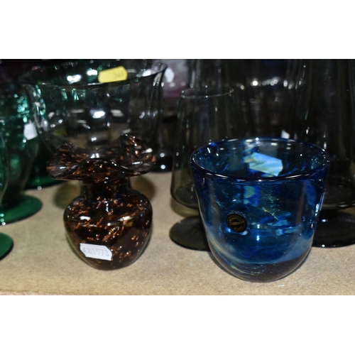 369 - A GROUP OF MID TO LATE 20TH CENTURY COLOURED GLASSWARE, including a Dartington Brutus vase, height 2... 