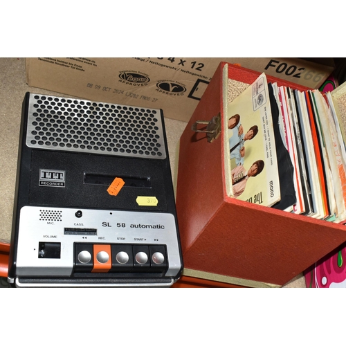 370 - TWO BOXES OF CERAMICS AND GLASSWARE, A CASE OF SINGLES RECORDS AND AN ITT SL 58 TAPE RECORDER, the c... 