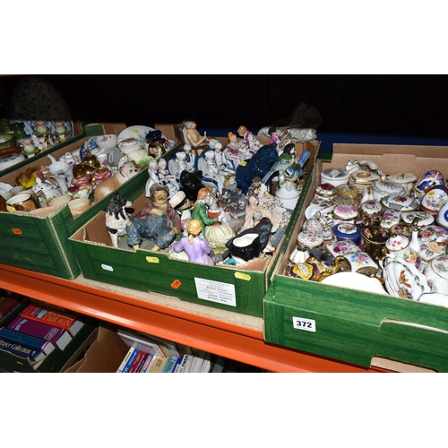 372 - FOUR BOXES OF CERAMICS, including figural ornaments, Sherratt & Simpson Bulldog group, trinket and p... 