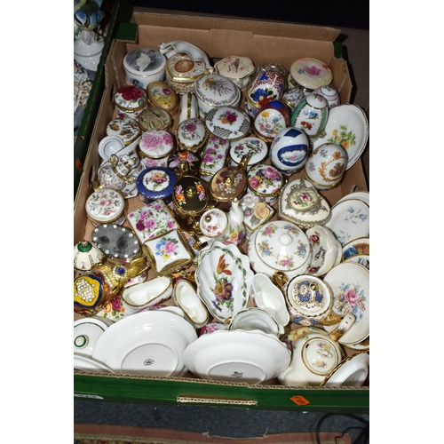 372 - FOUR BOXES OF CERAMICS, including figural ornaments, Sherratt & Simpson Bulldog group, trinket and p... 