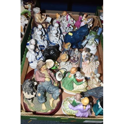 372 - FOUR BOXES OF CERAMICS, including figural ornaments, Sherratt & Simpson Bulldog group, trinket and p... 