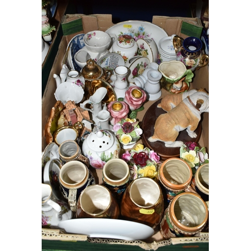 372 - FOUR BOXES OF CERAMICS, including figural ornaments, Sherratt & Simpson Bulldog group, trinket and p... 