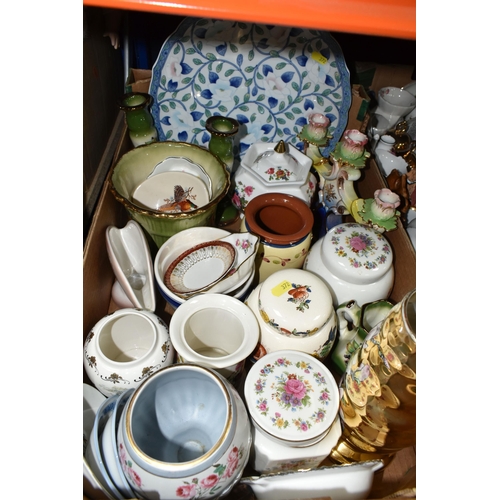 372 - FOUR BOXES OF CERAMICS, including figural ornaments, Sherratt & Simpson Bulldog group, trinket and p... 