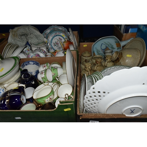 374 - THREE BOXES OF ASSORTED CERAMICS, including George Jones Crescent 'Truro' pattern dinnerware, stonew... 