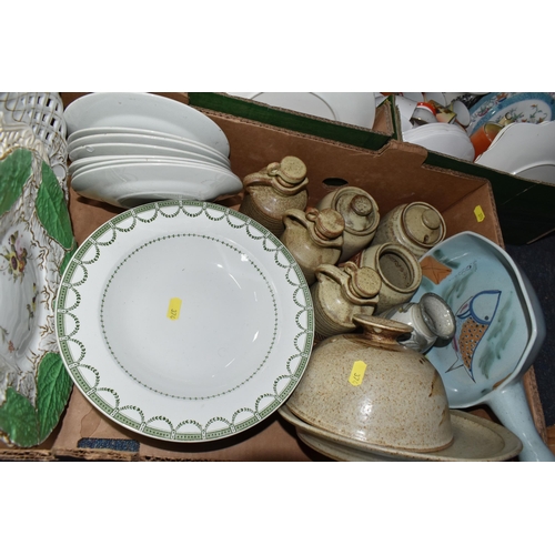 374 - THREE BOXES OF ASSORTED CERAMICS, including George Jones Crescent 'Truro' pattern dinnerware, stonew... 