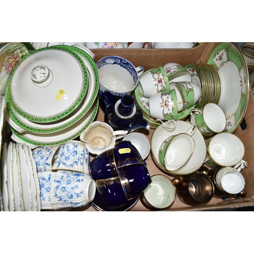 374 - THREE BOXES OF ASSORTED CERAMICS, including George Jones Crescent 'Truro' pattern dinnerware, stonew... 