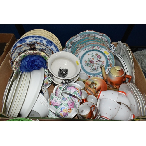 374 - THREE BOXES OF ASSORTED CERAMICS, including George Jones Crescent 'Truro' pattern dinnerware, stonew... 