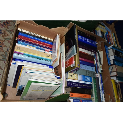 375 - FIVE BOXES OF RELIGIOUS BOOKS / PAMPHLETS containing over 130 titles in hardback and paperback forma... 