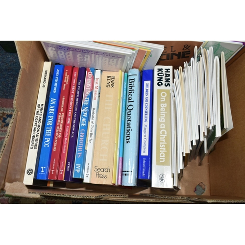 375 - FIVE BOXES OF RELIGIOUS BOOKS / PAMPHLETS containing over 130 titles in hardback and paperback forma... 