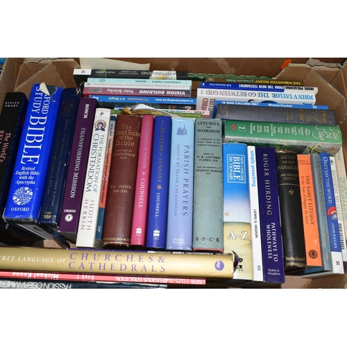 375 - FIVE BOXES OF RELIGIOUS BOOKS / PAMPHLETS containing over 130 titles in hardback and paperback forma... 