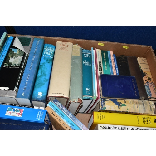 375 - FIVE BOXES OF RELIGIOUS BOOKS / PAMPHLETS containing over 130 titles in hardback and paperback forma... 