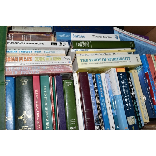 375 - FIVE BOXES OF RELIGIOUS BOOKS / PAMPHLETS containing over 130 titles in hardback and paperback forma... 