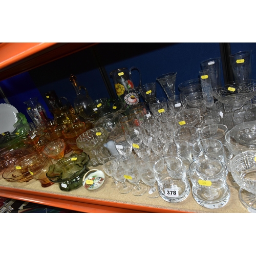 378 - A SELECTION OF CLEAR AND COLOURED GLASS WARES ETC, to include Stuart wine goblets and port glasses, ... 