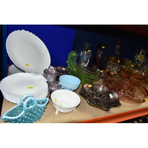 378 - A SELECTION OF CLEAR AND COLOURED GLASS WARES ETC, to include Stuart wine goblets and port glasses, ... 