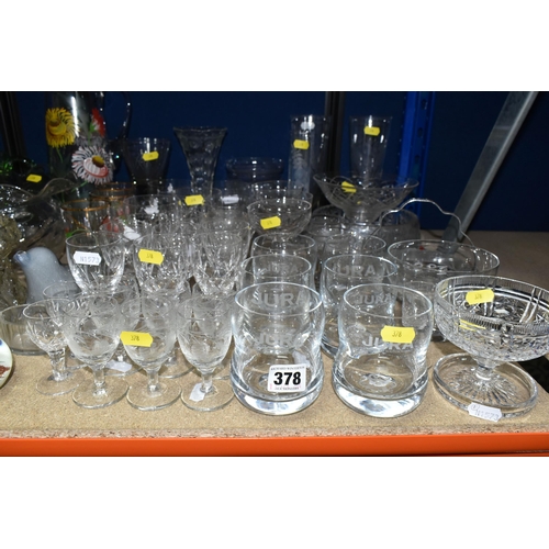 378 - A SELECTION OF CLEAR AND COLOURED GLASS WARES ETC, to include Stuart wine goblets and port glasses, ... 