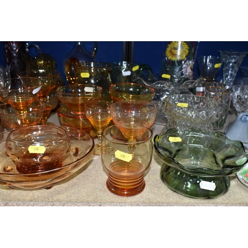 378 - A SELECTION OF CLEAR AND COLOURED GLASS WARES ETC, to include Stuart wine goblets and port glasses, ... 