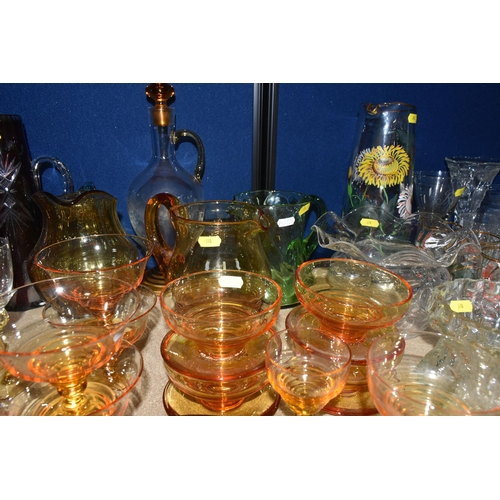 378 - A SELECTION OF CLEAR AND COLOURED GLASS WARES ETC, to include Stuart wine goblets and port glasses, ... 