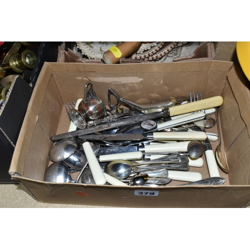 379 - SIX BOXES AND LOOSE ASSORTED SUNDRY ITEMS ETC, to include a box of metal wares - plated and brass ca... 