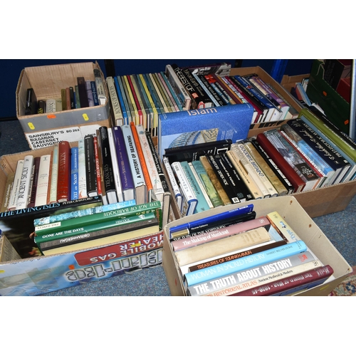 381 - SIX BOXES OF BOOKS containing over 120 miscellaneous titles in hardback and paperback formats and co... 