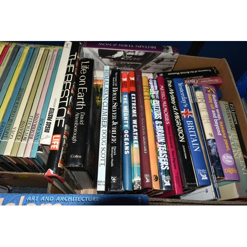 381 - SIX BOXES OF BOOKS containing over 120 miscellaneous titles in hardback and paperback formats and co... 