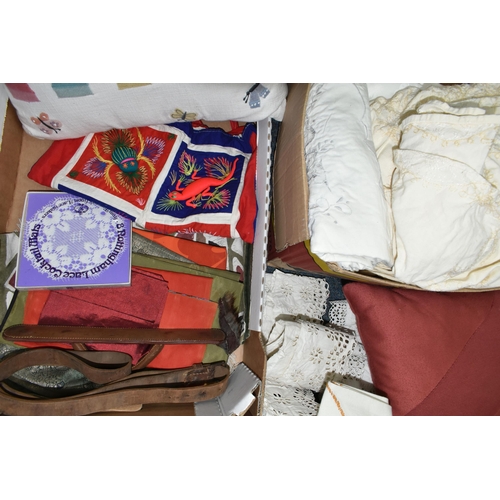 382 - FOUR BOXES OF VINTAGE TABLE LINEN ETC, to include cotton lace doilies, cotton lace tablecloths, wove... 