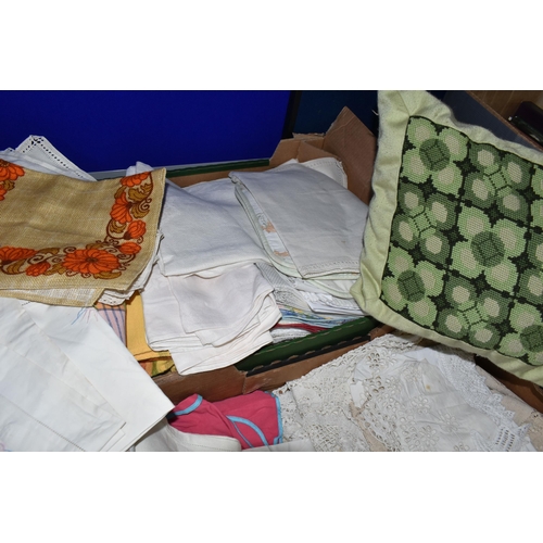 382 - FOUR BOXES OF VINTAGE TABLE LINEN ETC, to include cotton lace doilies, cotton lace tablecloths, wove... 