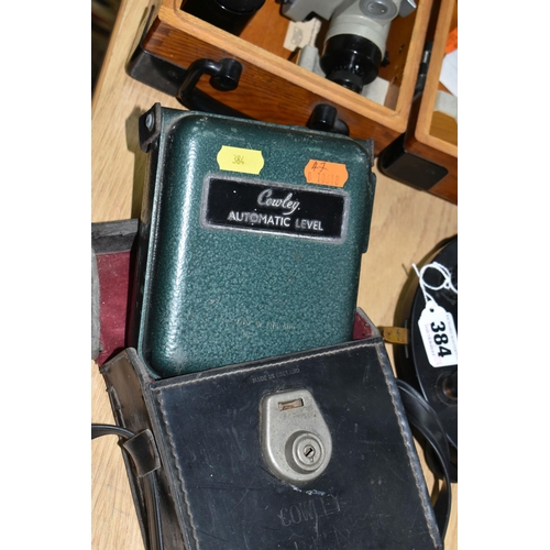 384 - A QUANTITY OF SURVEYING EQUIPMENT, cased Carl Zeiss Theodolite, No.52029, cased Cowley Automatic Lev... 