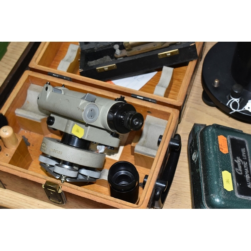 384 - A QUANTITY OF SURVEYING EQUIPMENT, cased Carl Zeiss Theodolite, No.52029, cased Cowley Automatic Lev... 