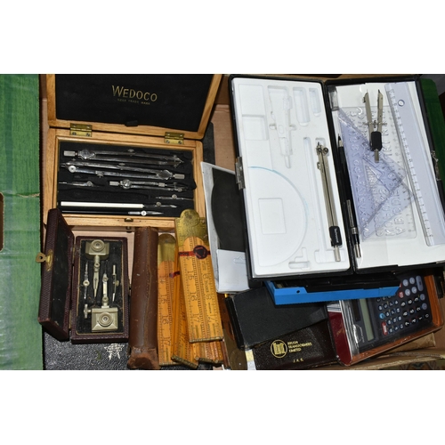 394 - A BOX OF CASED AND LOOSE TECHNICAL DRAWING EQUIPMENT, ETC, including six wooden Rabone rulers, one f... 