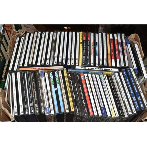 398 - SIX BOXES OF BOOKS, LPS, 33S, SINGLES RECORDS AND CDS, SIX PLASTIC 'CLEARSPACE' LP STORAGE RACKS AND... 