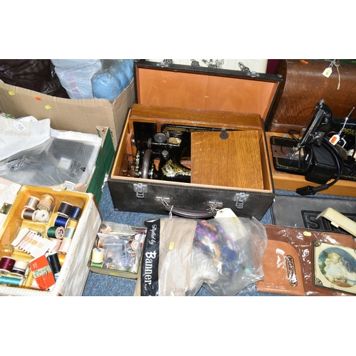 399 - THREE CASED SEWING MACHINES AND A PFAFF ELECTRIC SEWING MACHINE ON A WOODEN BASE AND TWO BOXES OF HA... 