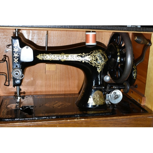 399 - THREE CASED SEWING MACHINES AND A PFAFF ELECTRIC SEWING MACHINE ON A WOODEN BASE AND TWO BOXES OF HA... 