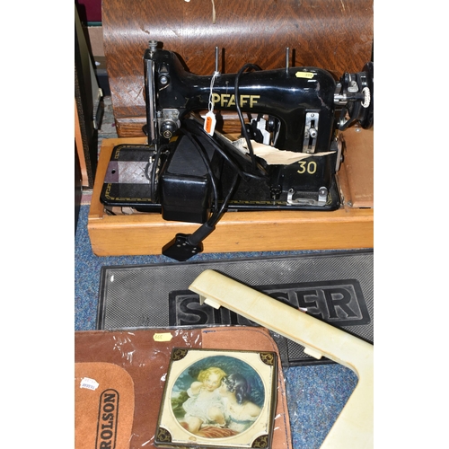 399 - THREE CASED SEWING MACHINES AND A PFAFF ELECTRIC SEWING MACHINE ON A WOODEN BASE AND TWO BOXES OF HA... 