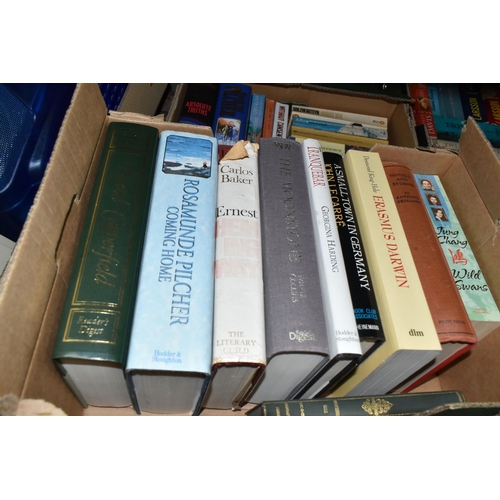 405 - FIVE BOXES OF BOOKS containing over 130 miscellaneous titles in hardback and paperback formats featu... 