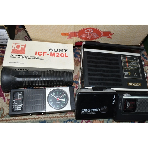 409 - A BOX OF PORTABLE RADIOS AND MUSIC PLAYERS ETC, to include a Sony ICF-M20L radio, Roberts R862 world... 