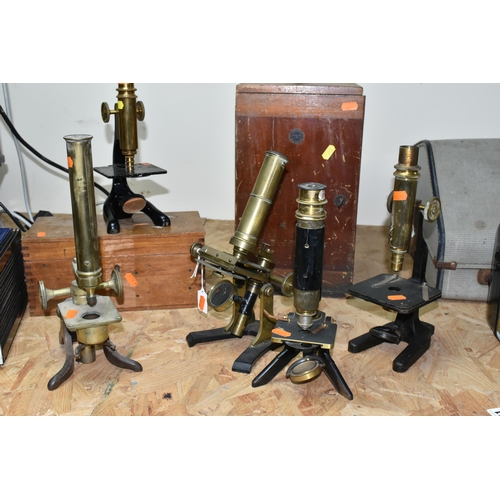 412 - FIVE MICROSCOPES, of brass and painted metal construction, one by F. Jackson & Co Manchester, the ot... 