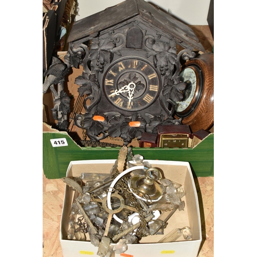 415 - TWO BOXES OF CLOCKS, BAROMETER AND LUSTRE LIGHT FITTING, comprising a cuckoo clock in need of a litt... 