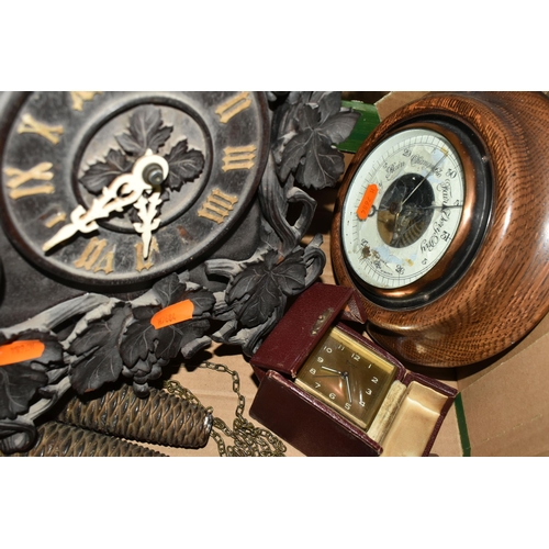 415 - TWO BOXES OF CLOCKS, BAROMETER AND LUSTRE LIGHT FITTING, comprising a cuckoo clock in need of a litt... 